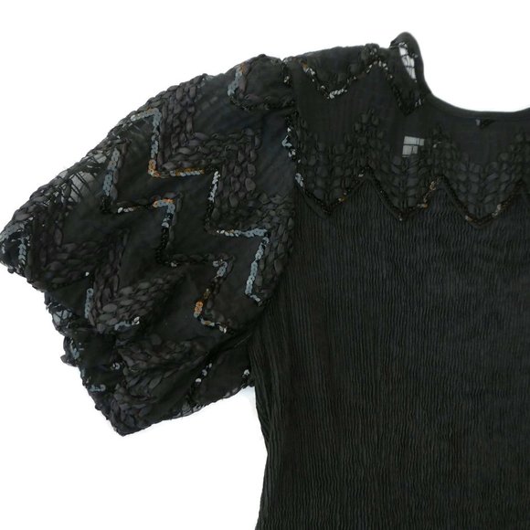 Vintage Black Evening Dress Ric Rac Sequin Puff Sleeves Crinkle Sheath Union Tag - Picture 6 of 13